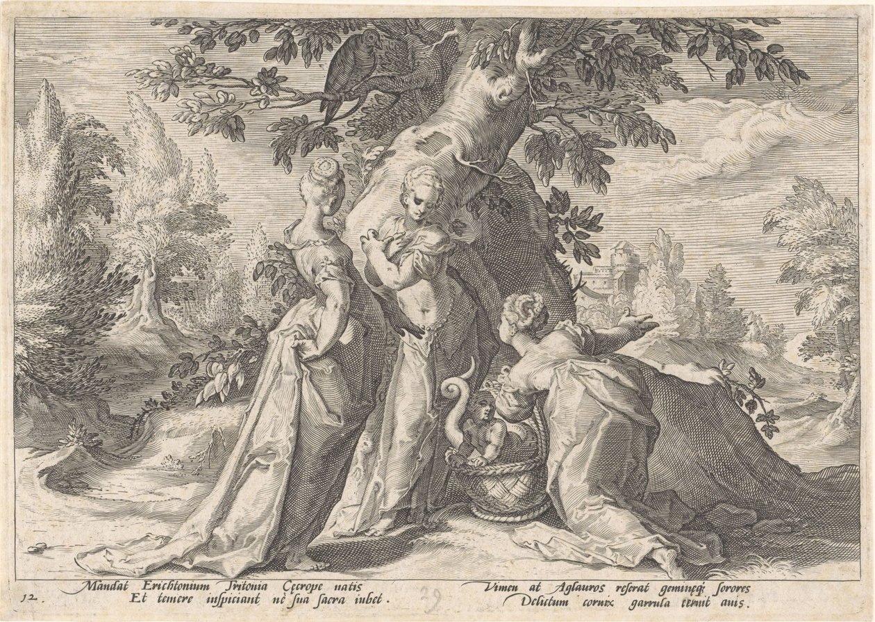 Cecrops døtre åbner Minerva .s kurv Metamorphoses of Ovid (serietitel) af Hendrick Goltzius (workshop of)