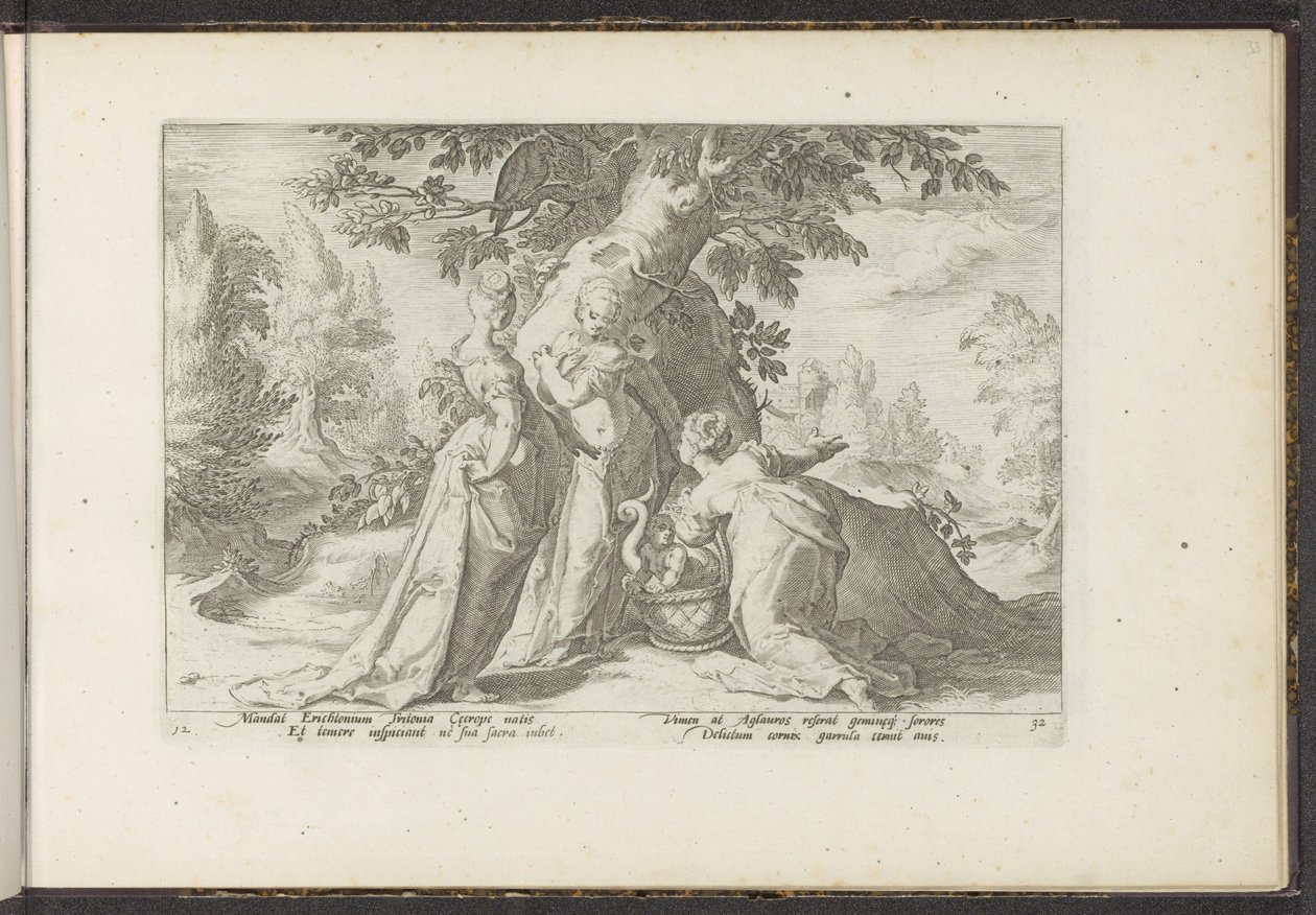 Cecrops døtre åbner Minerva .s kurv Ovids metamorfoser (serietitel) Genskabelser af P. Ovidius Naso (serietitel) af Hendrick Goltzius (workshop of)