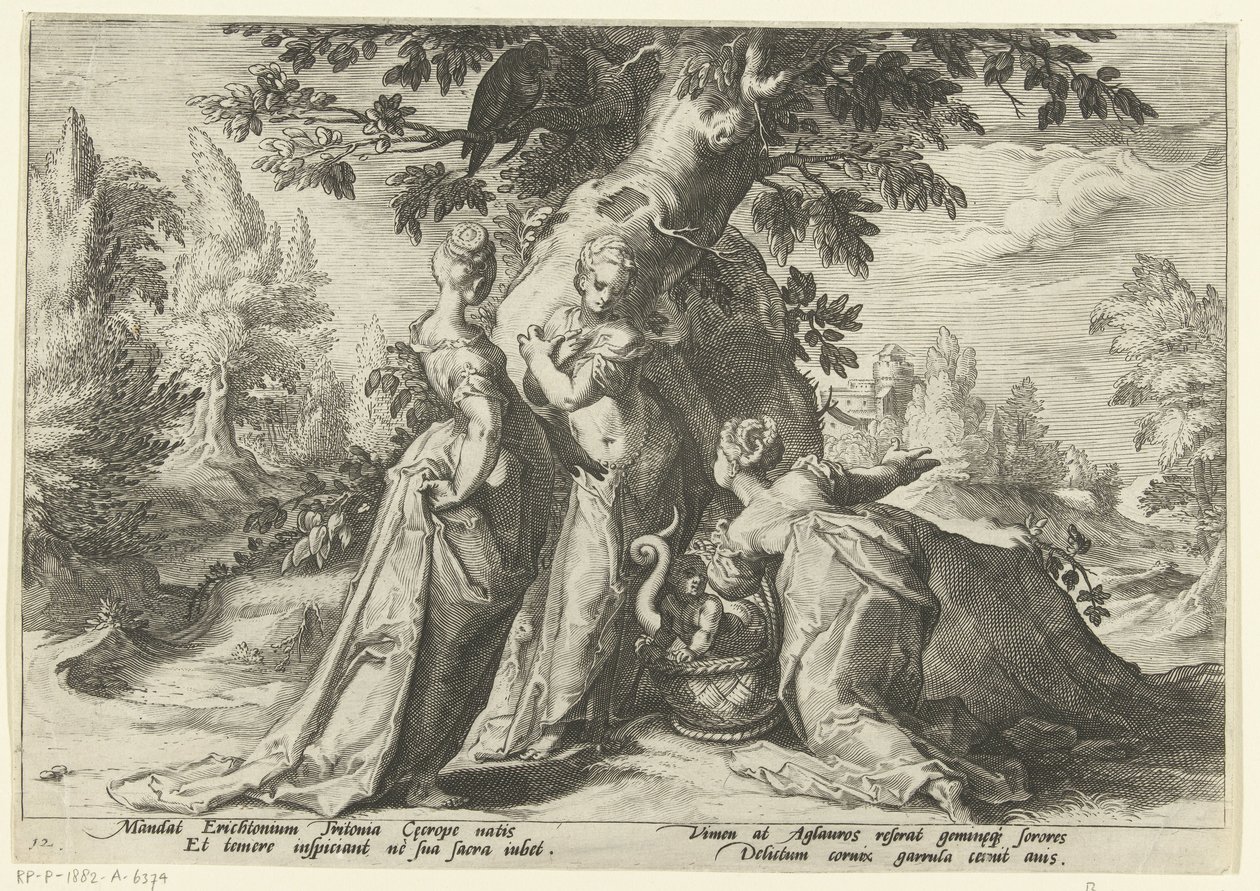 Cecrops døtre åbner Minerva .s kurv Ovids metamorfoser (serietitel) af Hendrick Goltzius (workshop of)
