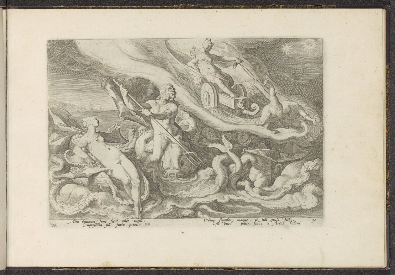 Juno klager til Thetis og Oceanus Ovids metamorfoser (serietitel) Genskabelser af P. Ovidius Naso (serietitel) af Hendrick Goltzius (workshop of)