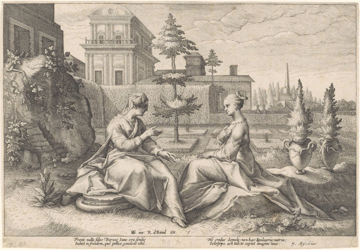 Juno nærmer sig Semele i skikkelse af Beroe Metamorphoses of Ovid (serietitel) af Hendrick Goltzius (workshop of)