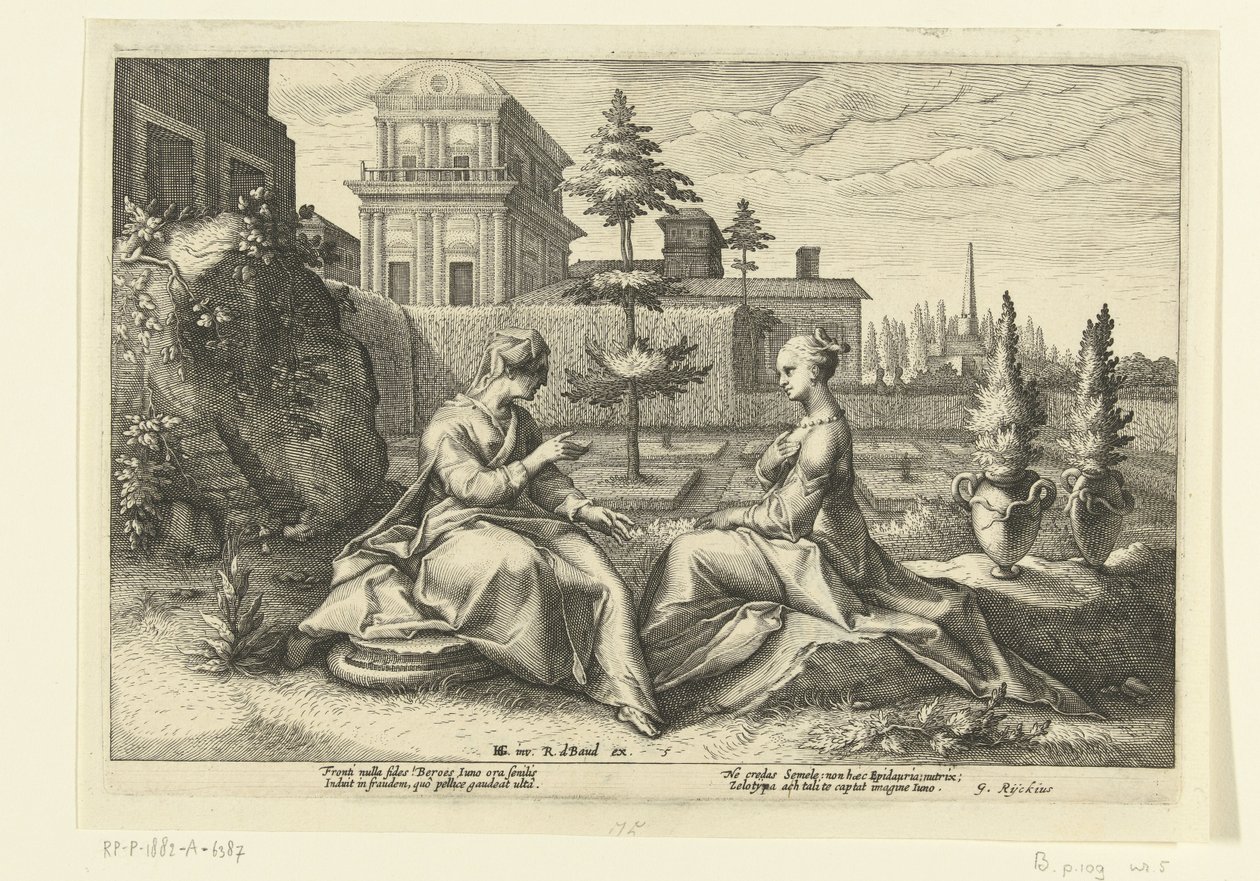 Juno nærmer sig Semele i skikkelse af Beroe Ovids metamorfoser (serietitel) af Hendrick Goltzius (workshop of)