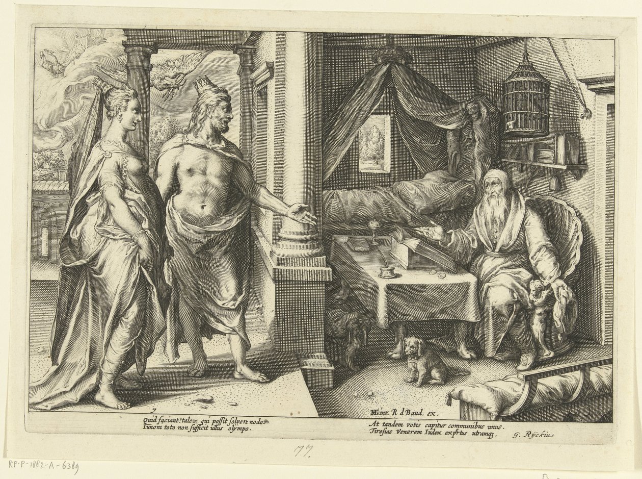 Juno og Jupiter konsulterer Tiresias Ovids metamorfoser (serietitel) af Hendrick Goltzius (workshop of)