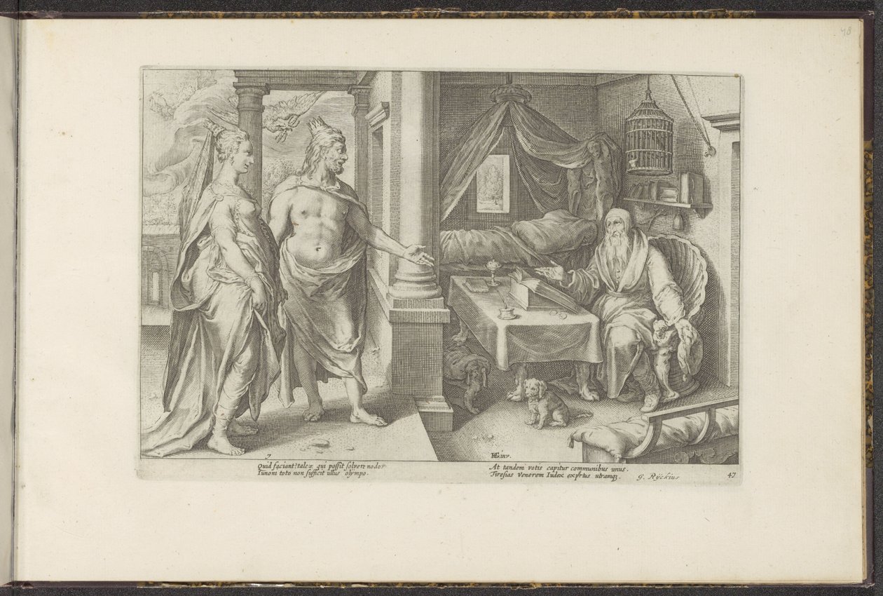 Juno og Jupiter spørger Tiresias til råds Ovids metamorfoser (serietitel) Genskabelser af P. Ovidius Naso (serietitel) af Hendrick Goltzius (workshop of)