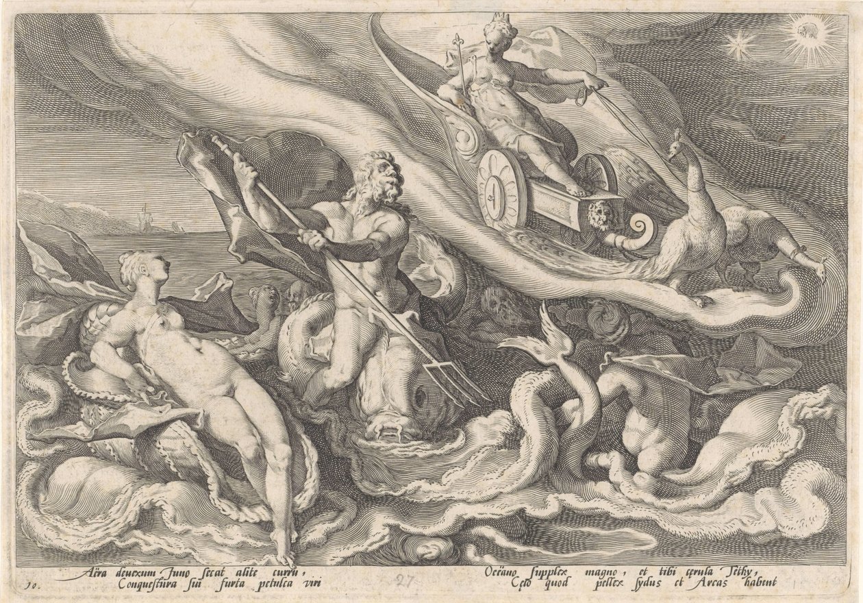 Juno klager til Thetis og Oceanus Metamorphoses of Ovid (serietitel) af Hendrick Goltzius (workshop of)