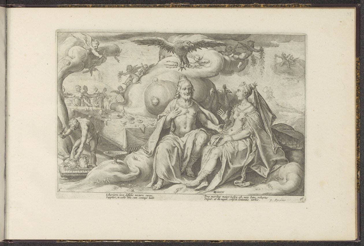 Jupiter og Juno diskuterer, hvilket af kønnene der har størst lyst til kærlighed Ovids metamorfoser (serietitel) Genskabelser af P. Ovidius Naso (serietitel) af Hendrick Goltzius (workshop of)