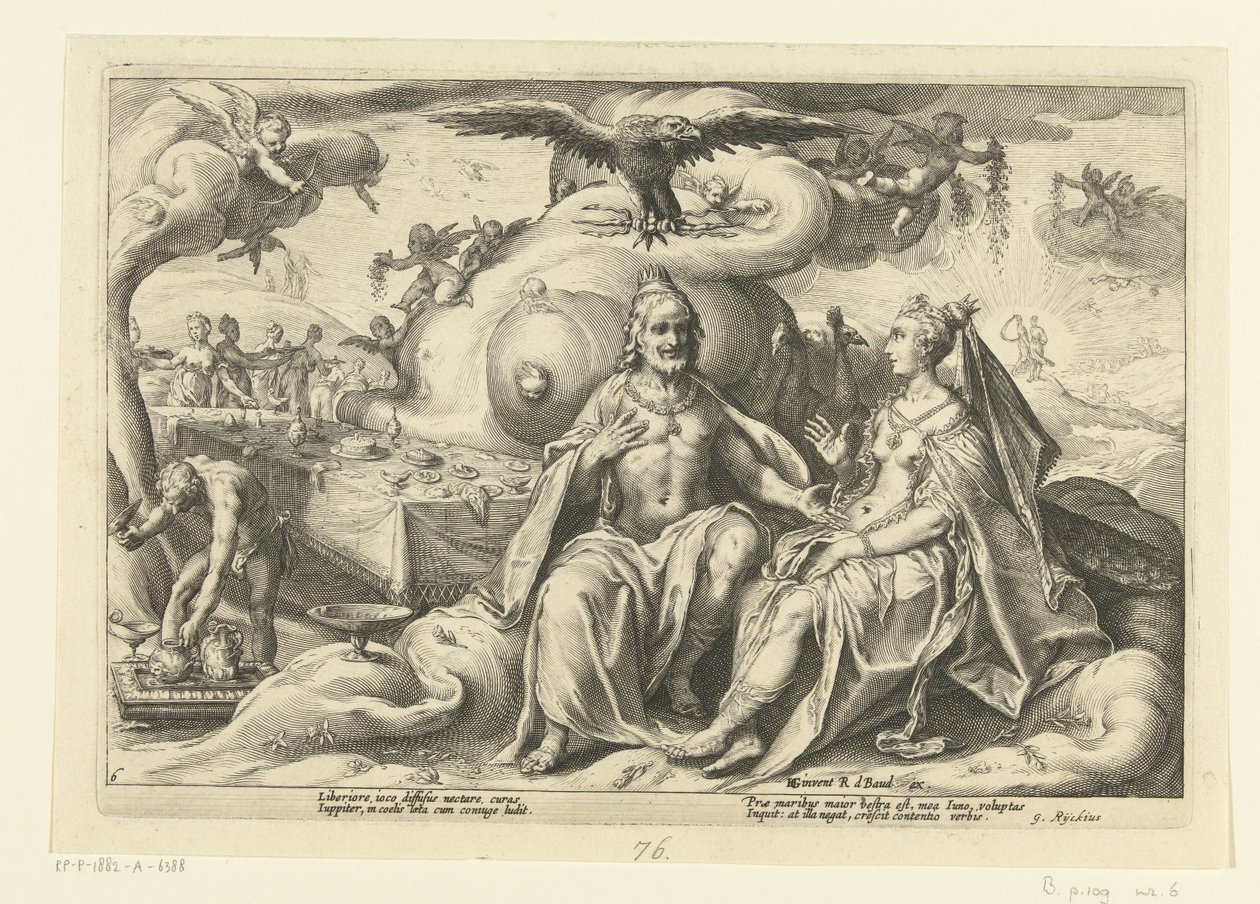 Jupiter og Juno diskuterer, hvilket af kønnene der har størst lyst til kærlighed Ovids metamorfoser (serietitel) af Hendrick Goltzius (workshop of)