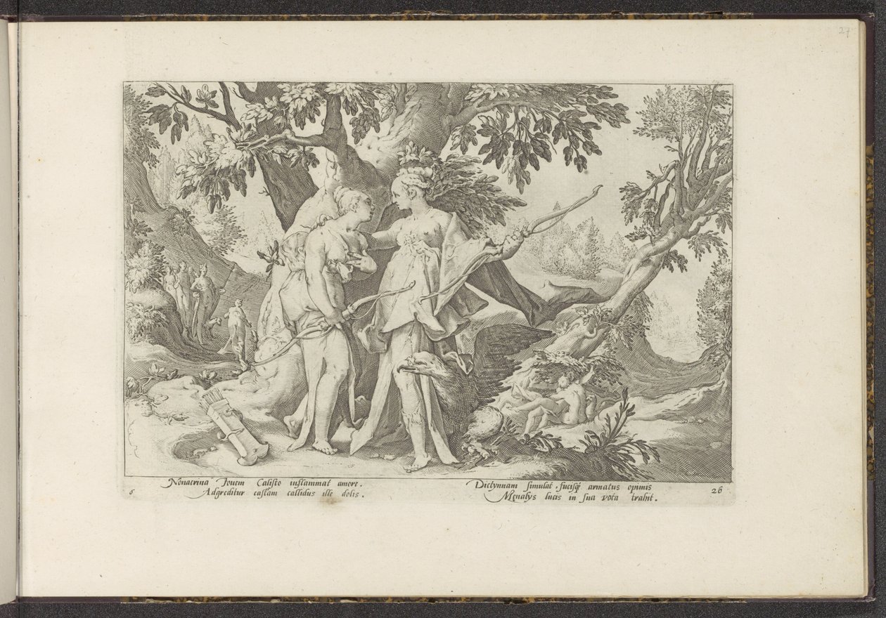 Jupiter forfører Callisto i skikkelse af Diana Ovids metamorfoser (serietitel) Genskabelser af P. Ovidius Naso (serietitel) af Hendrick Goltzius (workshop of)