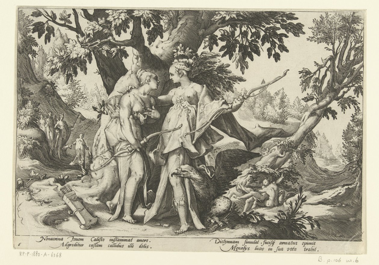Jupiter forfører Callisto i skikkelse af Diana Ovids metamorfoser (serietitel) af Hendrick Goltzius (workshop of)