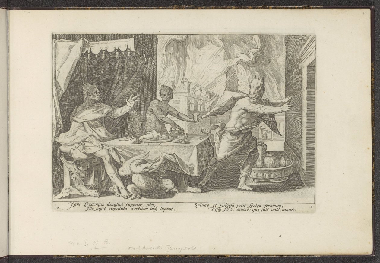 Lycaon bliver til en ulv Ovids metamorfoser (serietitel) Genskabelser af P. Ovidius Naso (serietitel) af Hendrick Goltzius (workshop of)