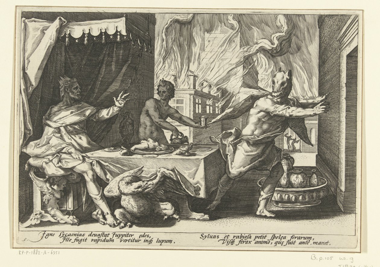Lycaon bliver til en ulv Ovids metamorfoser (serietitel) af Hendrick Goltzius (workshop of)