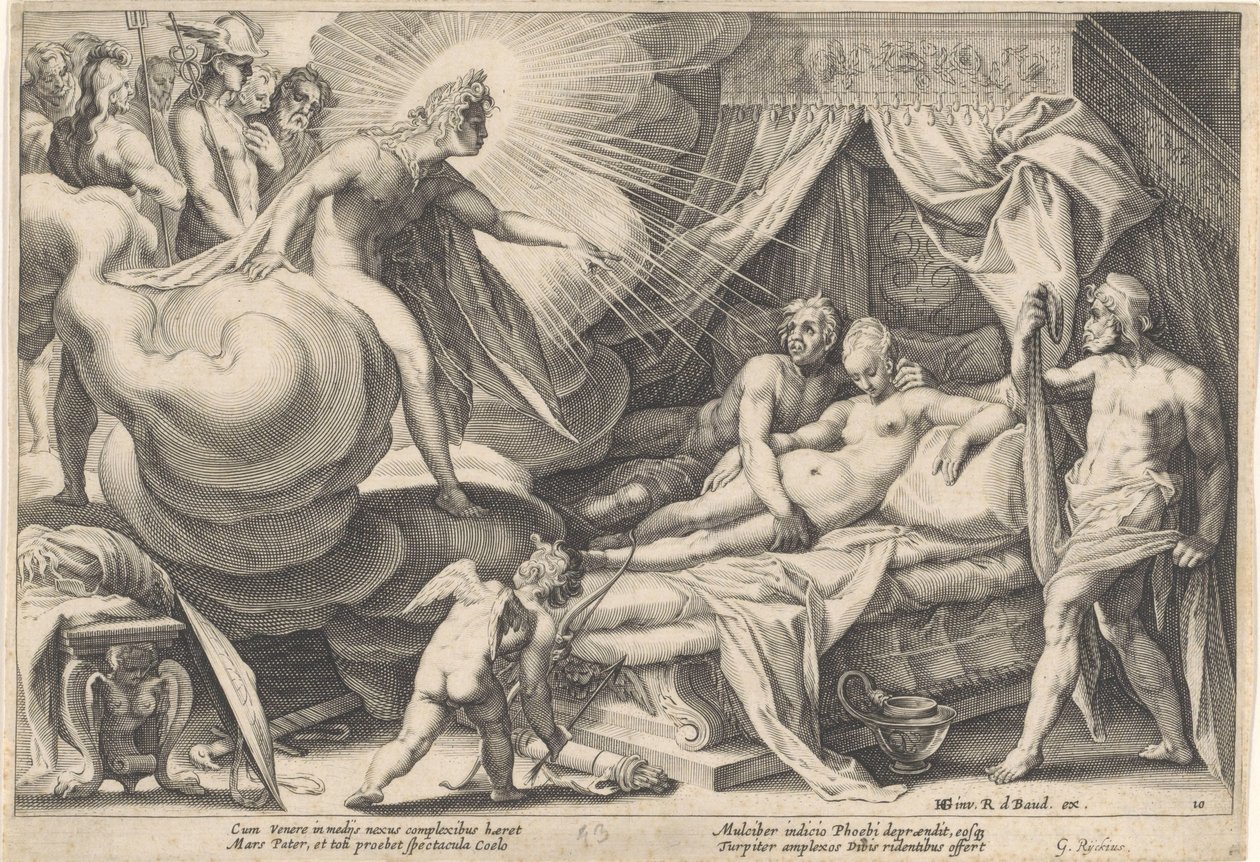 Mars og Venus overraskede af Apollo Metamorphoses of Ovid (serietitel) af Hendrick Goltzius (workshop of)