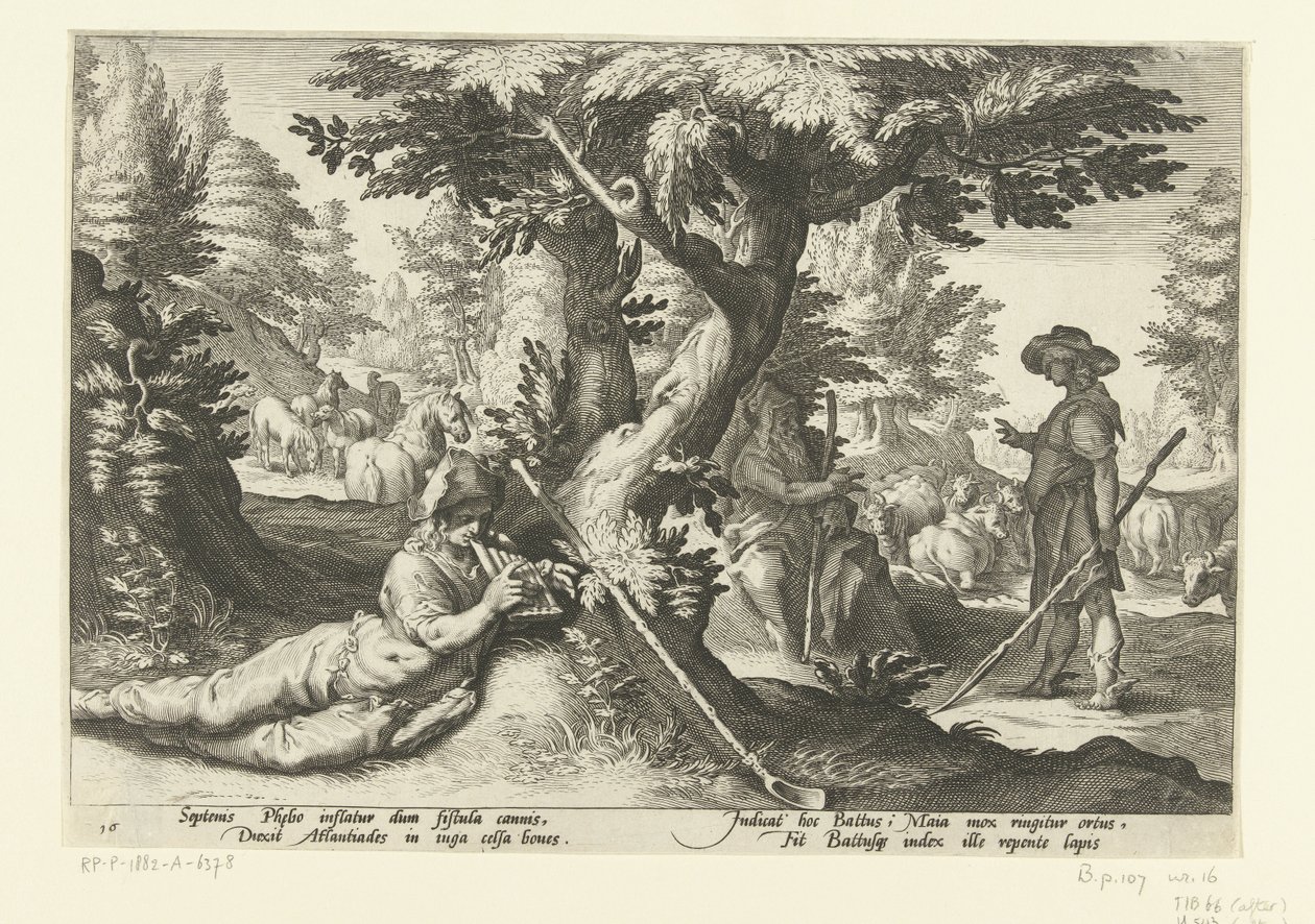 Mercury en Battus Ovids Metamorfosen (serietitel) af Hendrick Goltzius (workshop of)