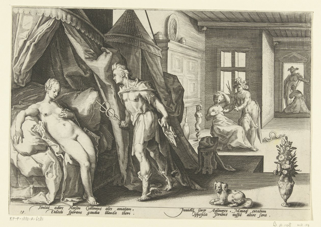 Mercurius i Herses kamera Ovids metamorfoser (serietitel) af Hendrick Goltzius (workshop of)