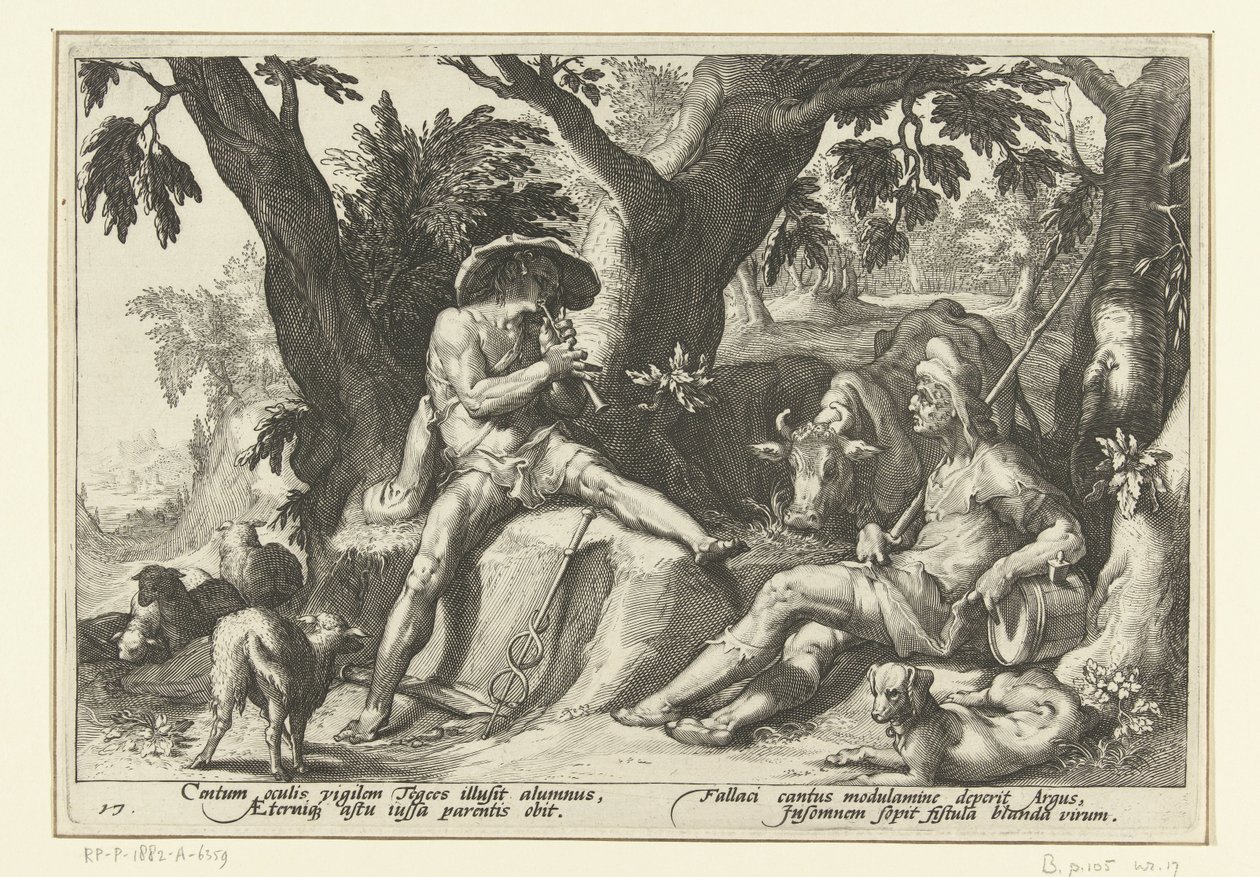Mercury spiller fløjte for Argus Ovids metamorfoser (serietitel) af Hendrick Goltzius (workshop of)
