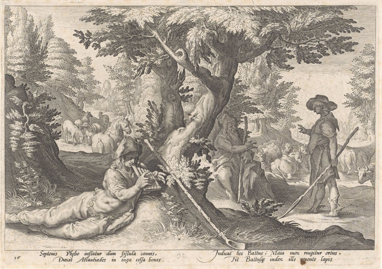 Mercury forvandler Battus til en sten Metamorphoses of Ovid (serietitel) af Hendrick Goltzius (workshop of)