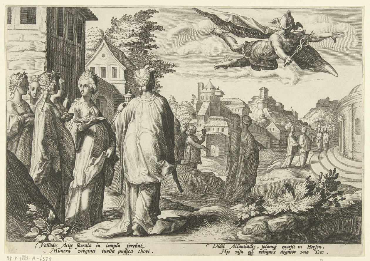 Mercury forelsker sig i Herse Ovids metamorfoser (serietitel) af Hendrick Goltzius (workshop of)