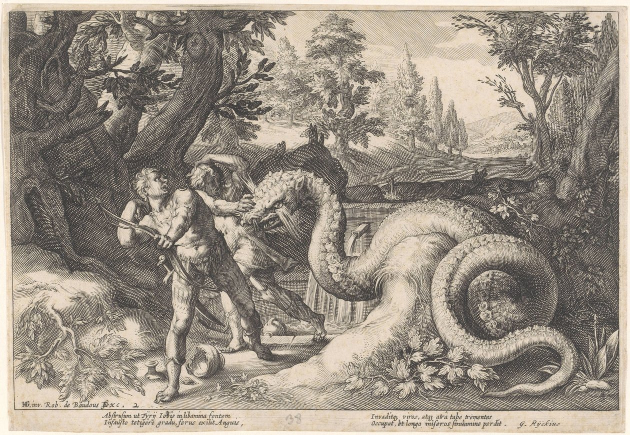 Kadmusens ledsagere fortæret af en drage Metamorphoses of Ovid (serietitel) af Hendrick Goltzius (workshop of)