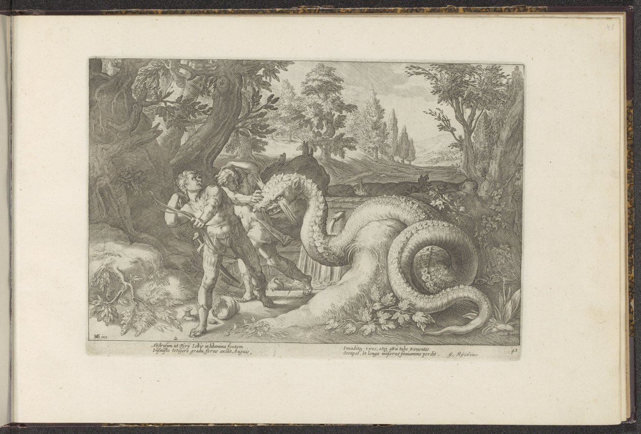 Kadmusens ledsagere fortæret af en drage Ovids metamorfoser (serietitel) Genskabelser af P. Ovidius Naso (serietitel) af Hendrick Goltzius (workshop of)