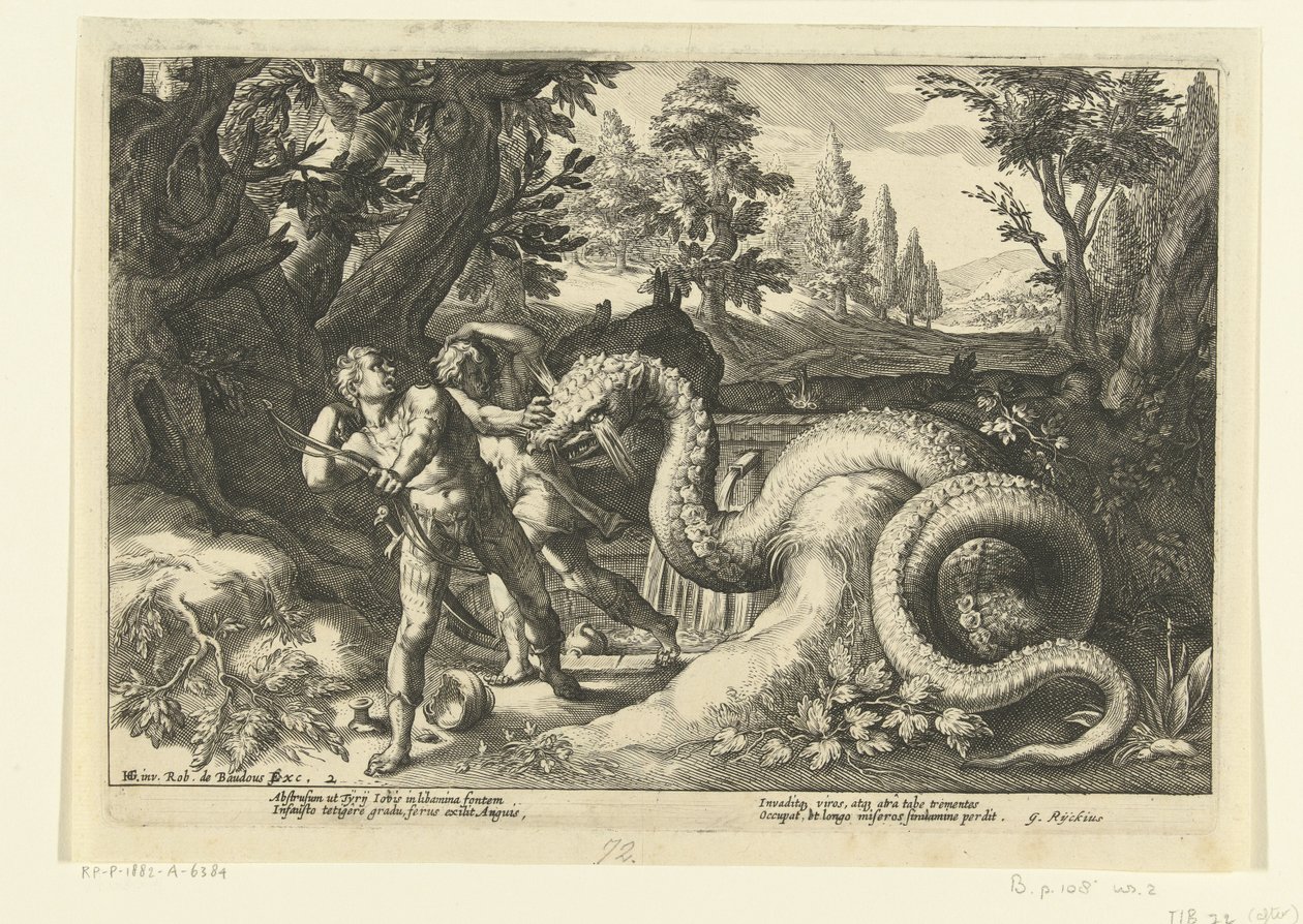 Kadmusens ledsagere fortæret af en drage Ovids metamorfoser (serietitel) af Hendrick Goltzius (workshop of)