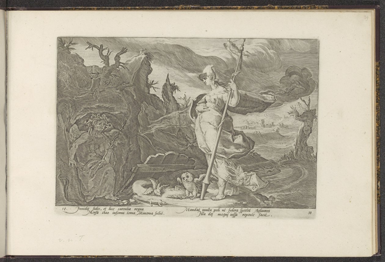 Minerva beder Envy om at tænde jalousi i Aglauros Ovids metamorfoser (serietitel) Genskabelser af P. Ovidius Naso (serietitel) af Hendrick Goltzius (workshop of)