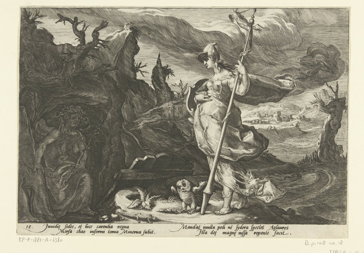 Minerva beder Envy om at tænde jalousi i Aglauros Ovids metamorfoser (serietitel) af Hendrick Goltzius (workshop of)