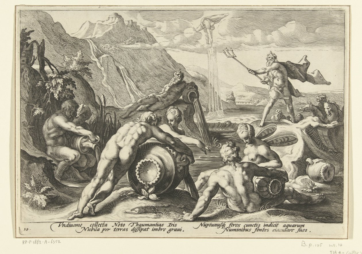 Neptun og flodguderne forårsager en oversvømmelse Ovids metamorfoser (serietitel) af Hendrick Goltzius (workshop of)