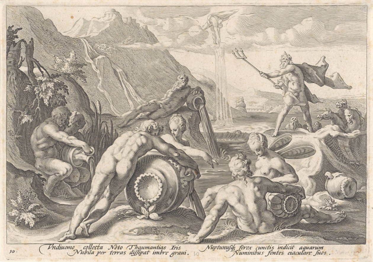 Neptun beordrer flodguderne til at forårsage en oversvømmelse Metamorphoses of Ovid (serietitel) af Hendrick Goltzius (workshop of)