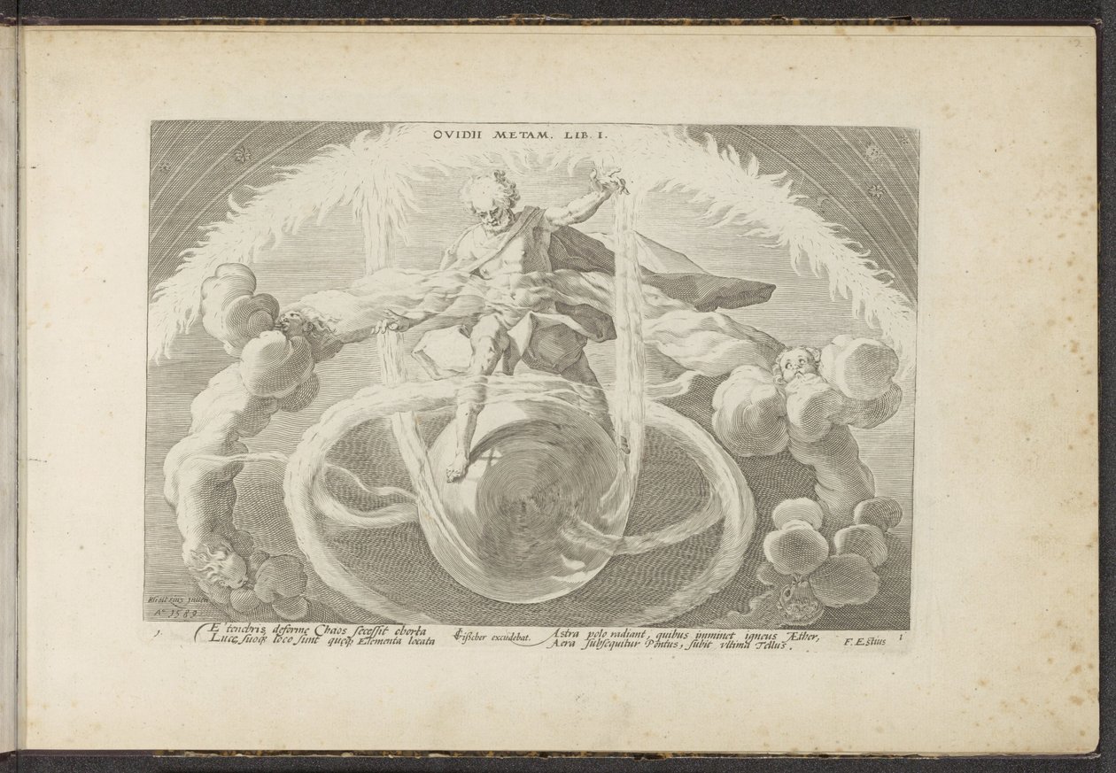 Orden i kaos Oprettelse af de fire elementer Ovidii Metam. lib. I (titel på objekt) Ovids metamorfoser (serietitel) Genskabelser af P. Ovidius Naso (serietitel) af Hendrick Goltzius (workshop of)