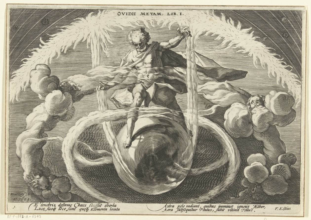 Orden i kaosset Oprettelse af de fire elementer Ovids metamorfoser (serietitel) af Hendrick Goltzius (workshop of)