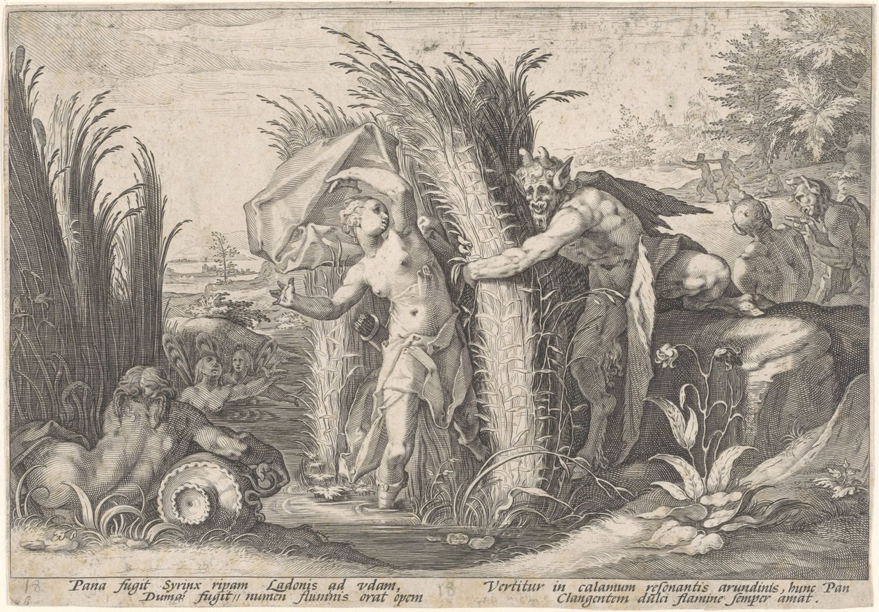 Pan en Syrigs Transformed van Ovid (serietitel) af Hendrick Goltzius (workshop of)