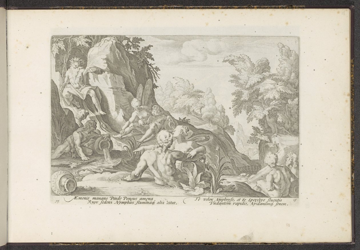 Peneus besøgt af andre flodguder Ovids metamorfoser (serietitel) Genskabelser af P. Ovidius Naso (serietitel) af Hendrick Goltzius (workshop of)