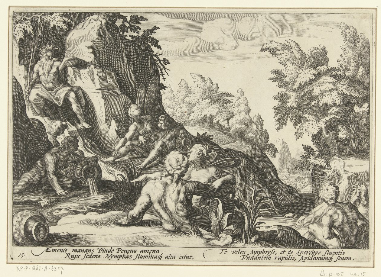 Peneus besøgt af andre flodguder Ovids metamorfoser (serietitel) af Hendrick Goltzius (workshop of)