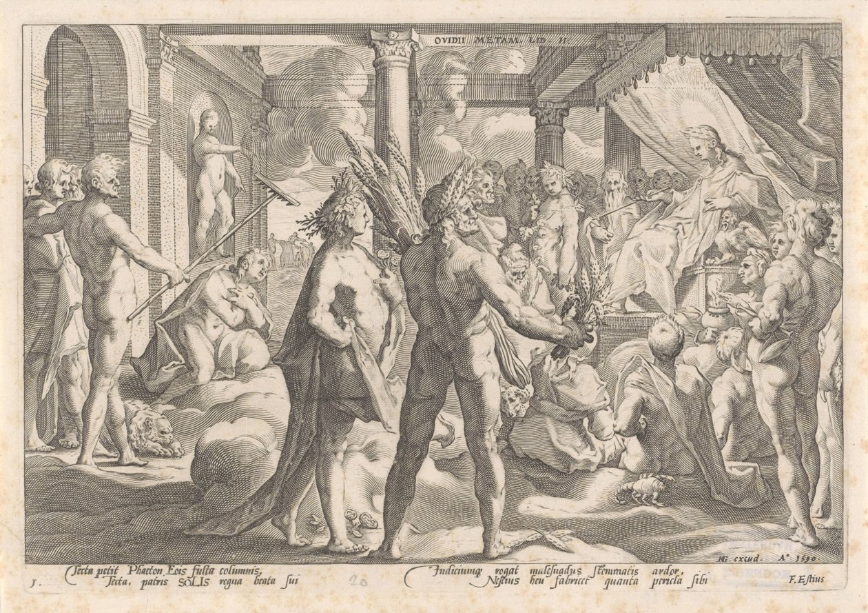 Phaëthon spørger Apollo, om han må køre i sin vogn Metamorphoses of Ovid (serietitel) af Hendrick Goltzius (workshop of)