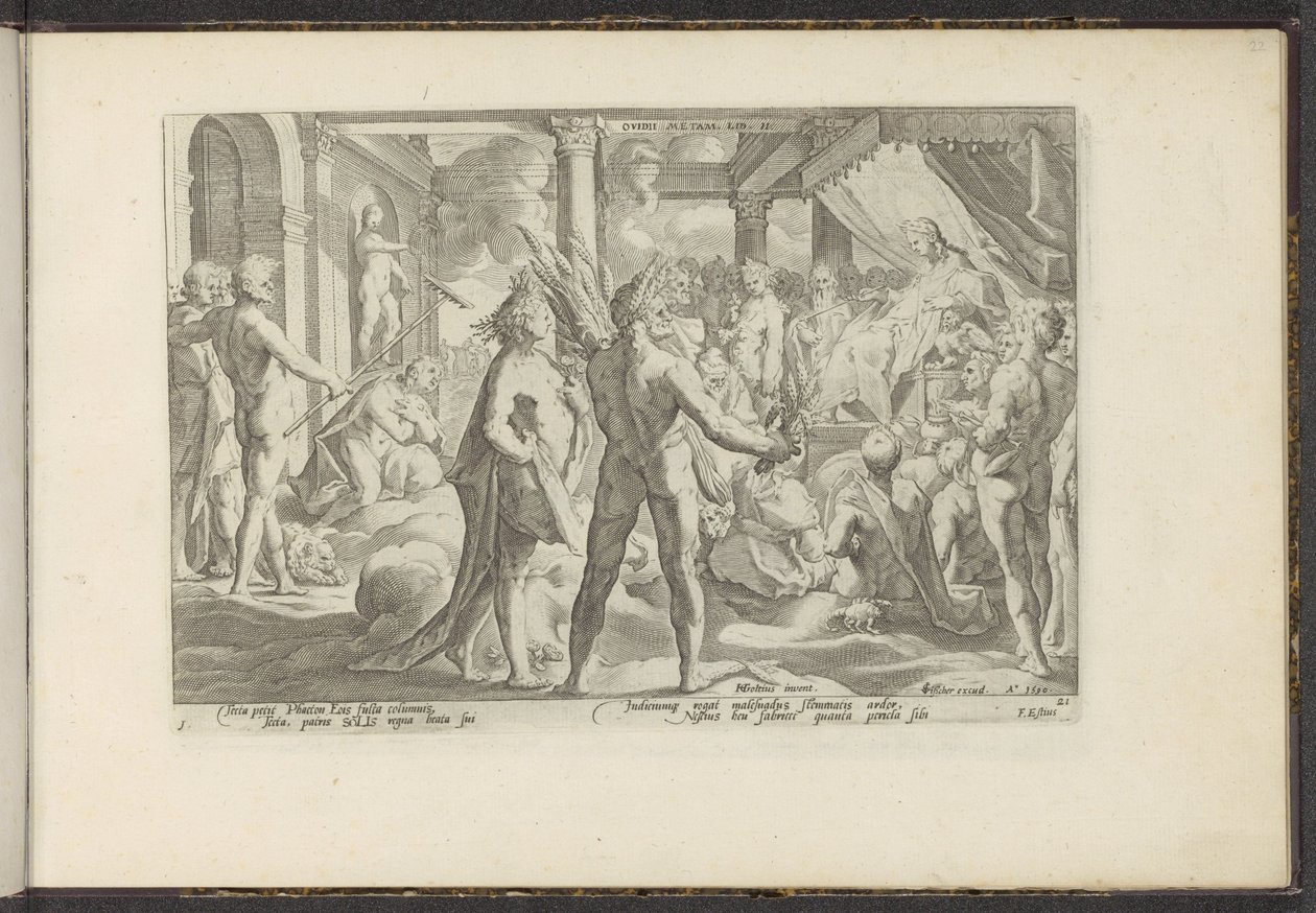 Phaëton i paleis van Helios Ovids Meta. Lib. II (titel på objekt) Ovids Metamorfosen (serietitel) Herscheppingen van P. Ovidius Naso (serietitel) af Hendrick Goltzius (workshop of)