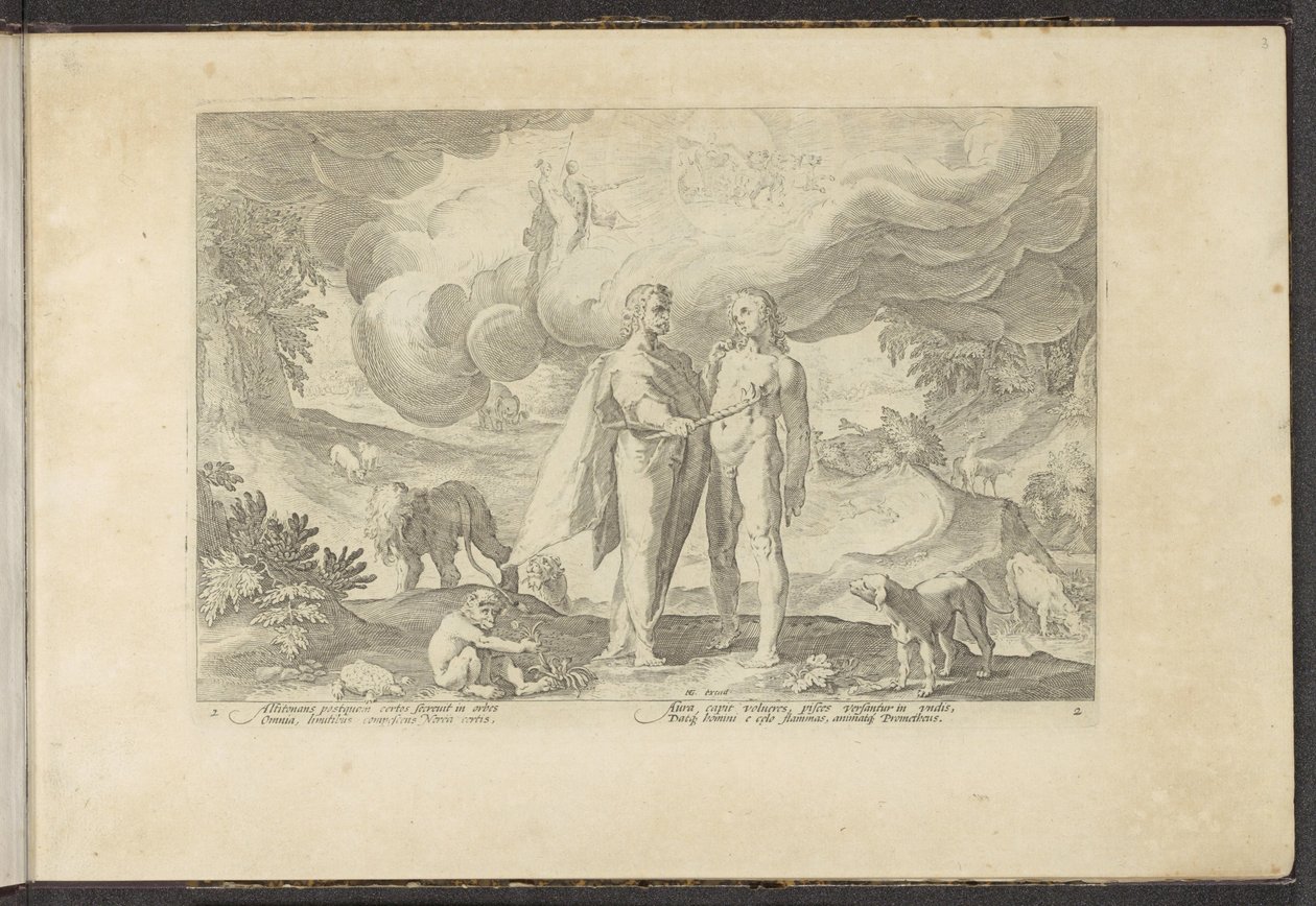 Prometheus giver mennesket ild Ovids metamorfoser (serietitel) Genskabelser af P. Ovidius Naso (serietitel) af Hendrick Goltzius (workshop of)