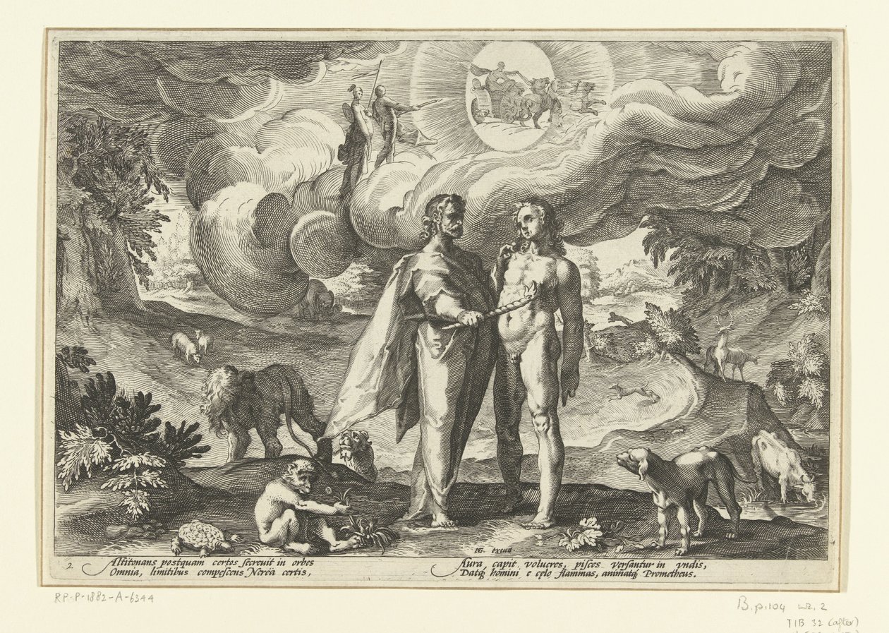 Prometheus giver mennesket ild Ovids metamorfoser (serietitel) af Hendrick Goltzius (workshop of)