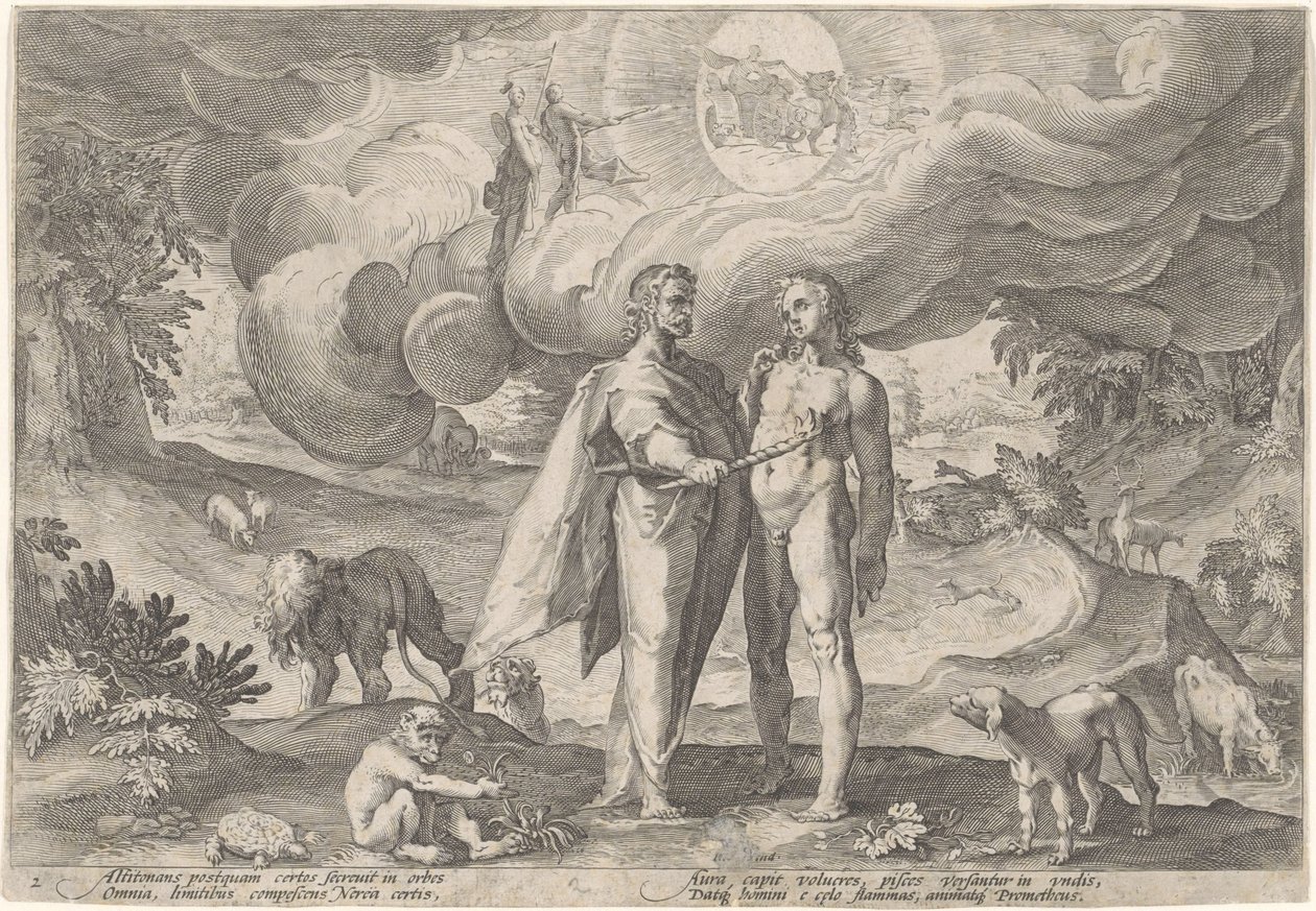 Prometheus skaber det første menneske Metamorphoses of Ovid (serietitel) af Hendrick Goltzius (workshop of)