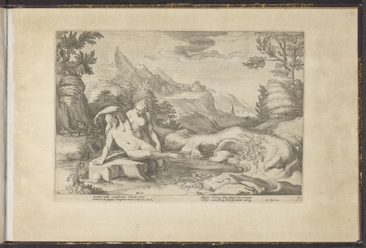 Salmacis og Hermafroditus Ovids Metamorfosen (serietitel) Herscheppingen van P. Ovidius Naso (serietitel) af Hendrick Goltzius (workshop of)