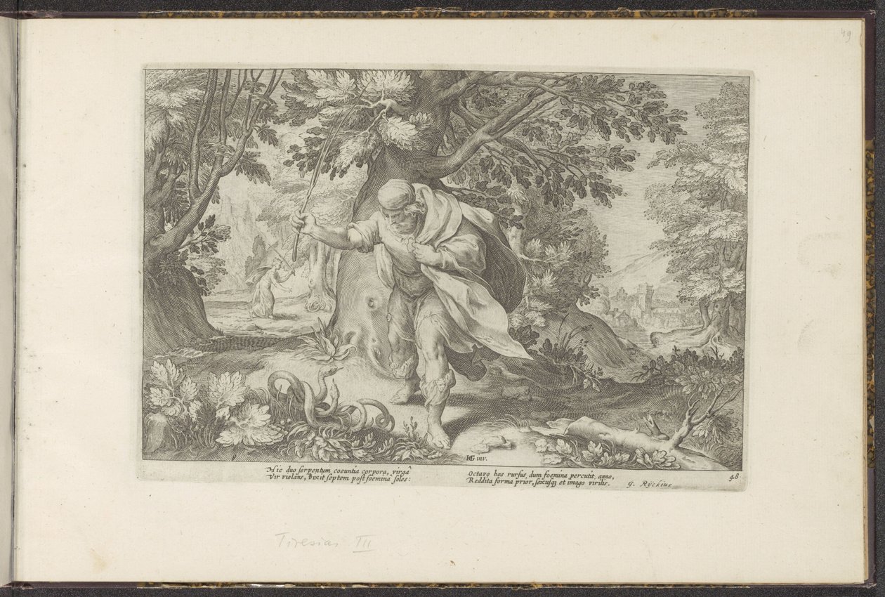 Tiiresias slår to parrende slanger Ovids metamorfoser (serietitel) Genskabelser af P. Ovidius Naso (serietitel) af Hendrick Goltzius (workshop of)