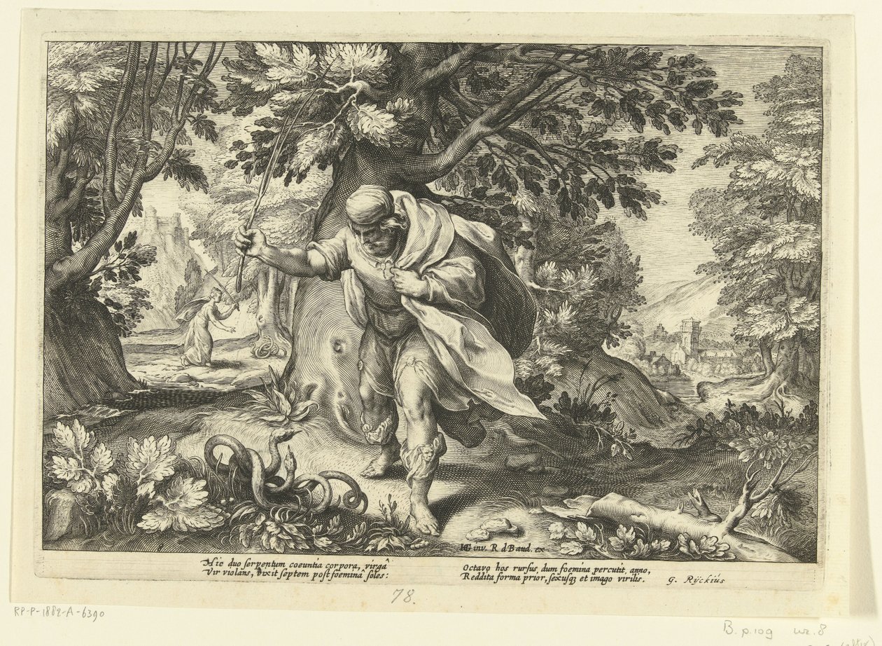 Tiresias slår to parrende slanger Ovids metamorfoser (serietitel) af Hendrick Goltzius (workshop of)