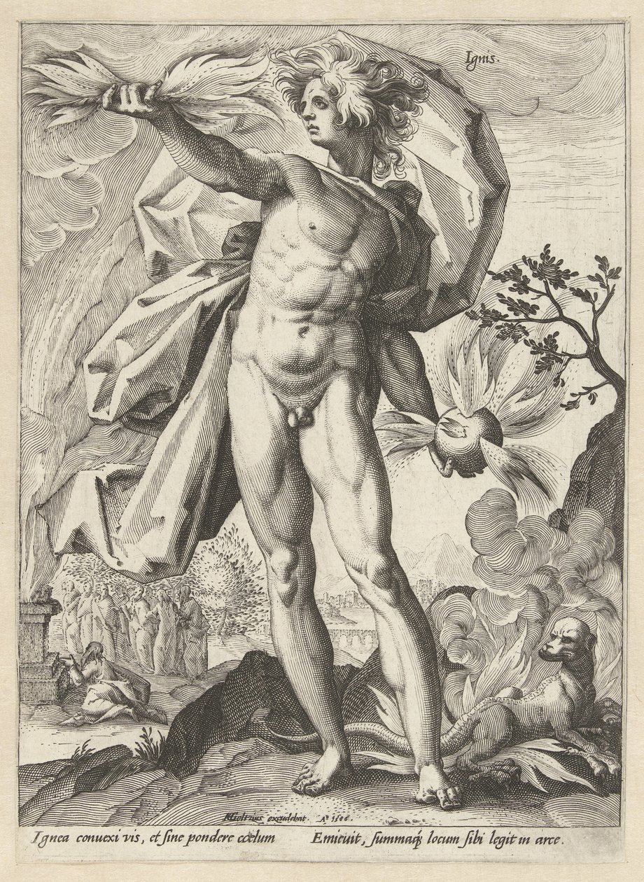 Fyrværkeri Ignis (titel på objekt) De fire elementer (serietitel) af Hendrick Goltzius (workshop of)