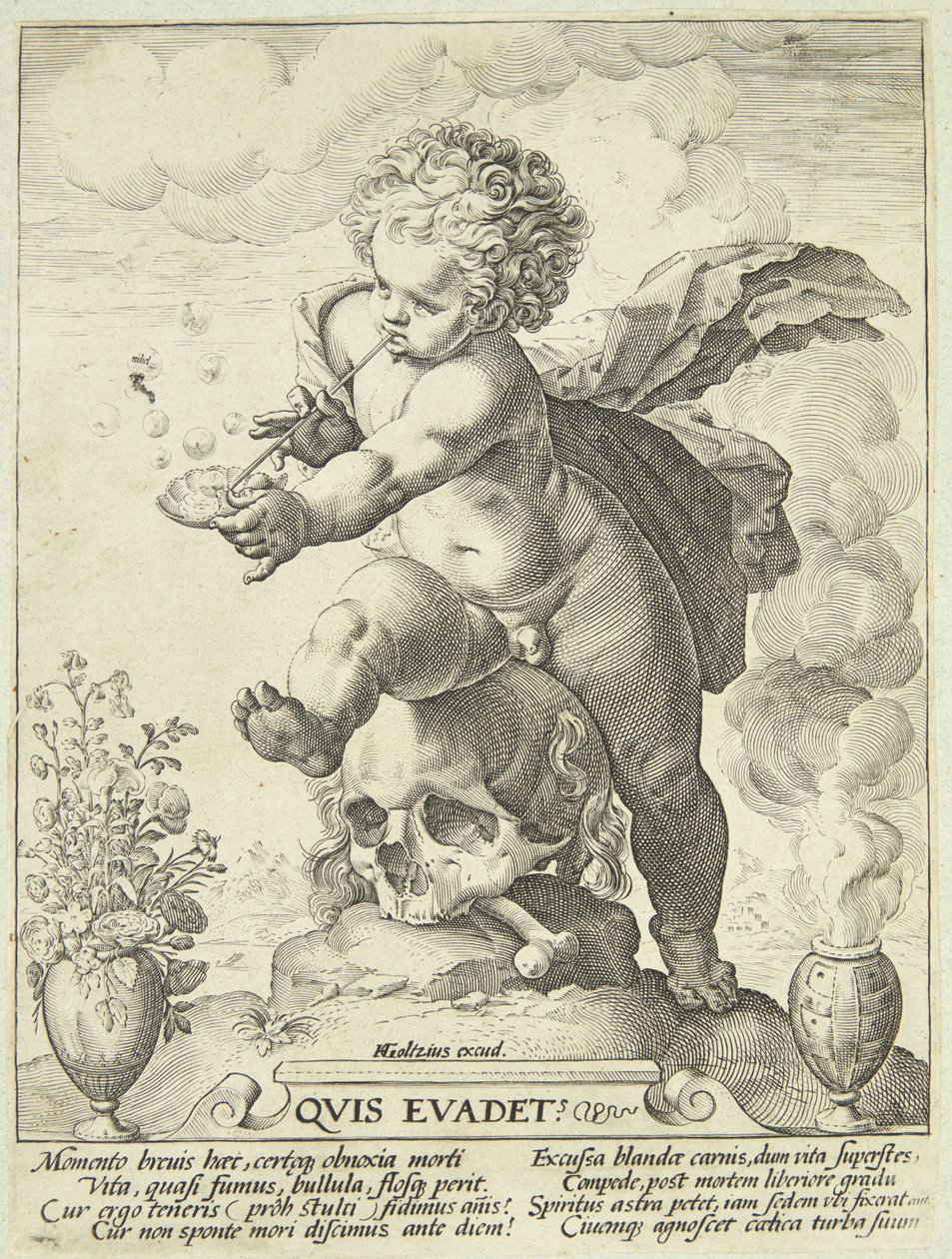 Allegori over livets flygtighed ("Quis Evadet?") af Hendrick Goltzius