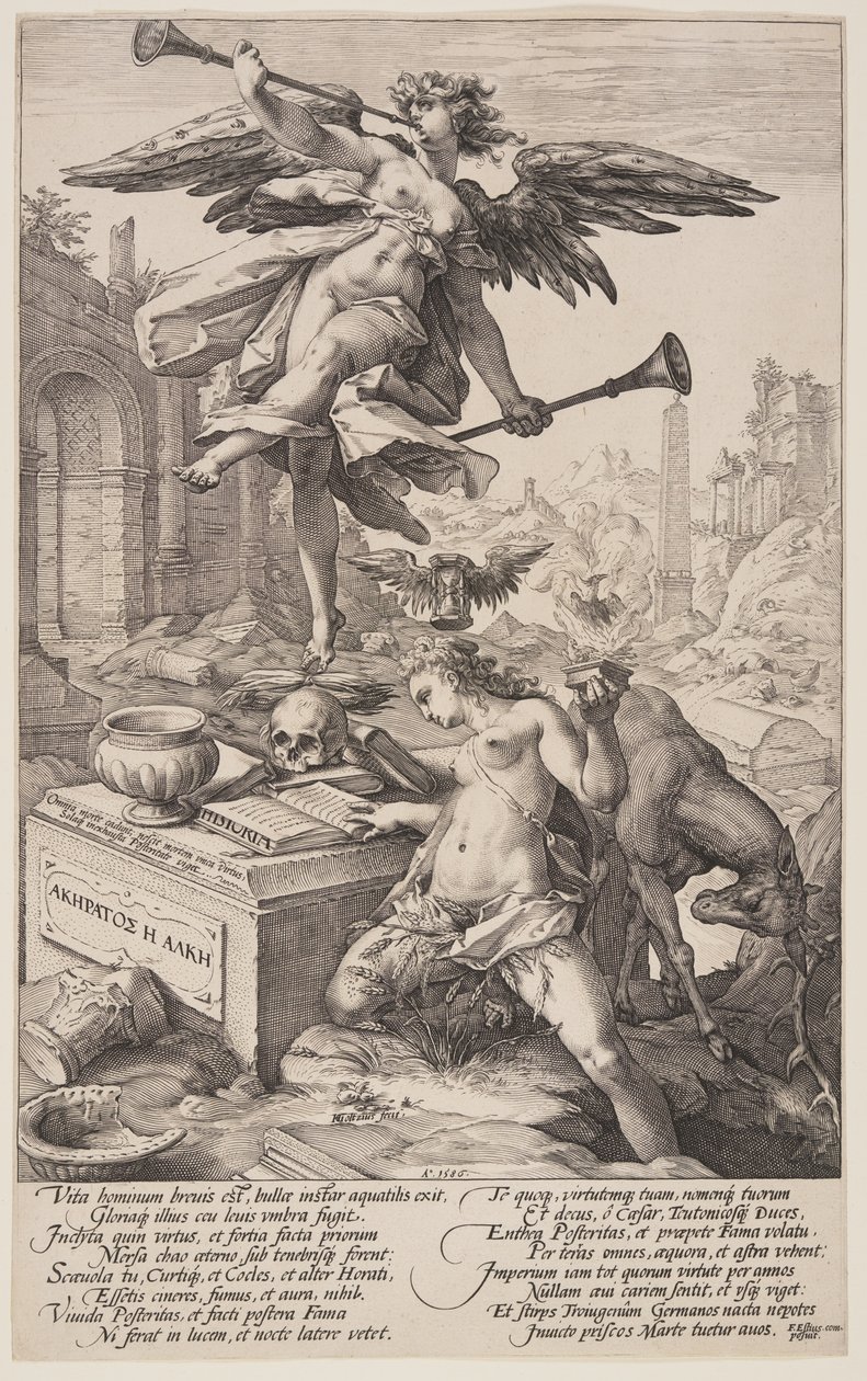 Allegori om berømmelse og historie, fra De romerske helte af Hendrick Goltzius