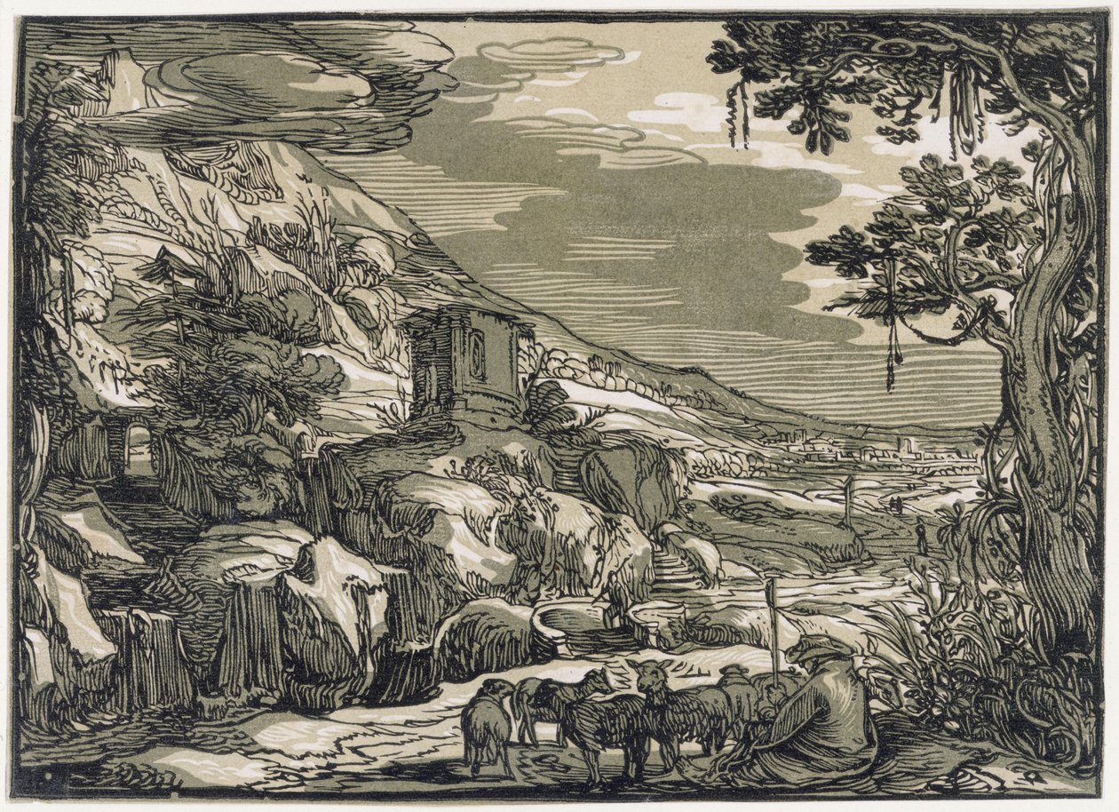 Arkadisk landskab med en hyrde af Hendrick Goltzius