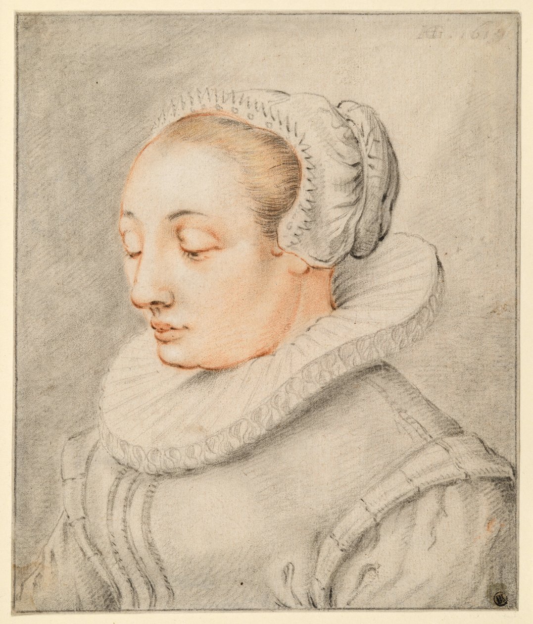 Brystbillede af en ung kvinde med hue af Hendrick Goltzius