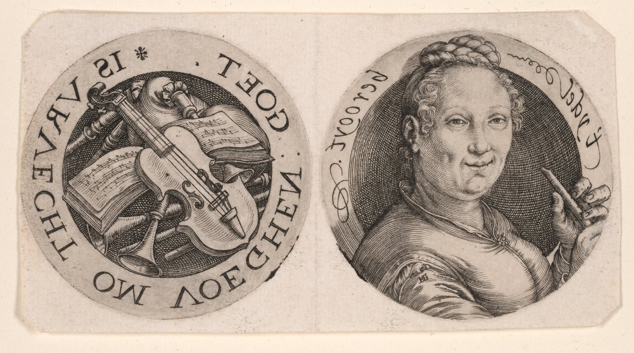 Buste af en kvinde, der holder en fløjte og musikinstrumenter, på et ark af Hendrick Goltzius