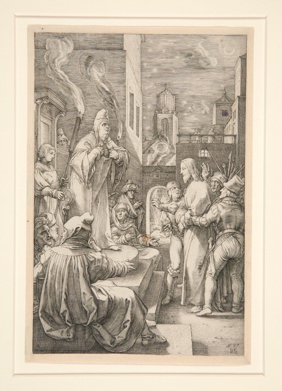 Christ Before Caiphas, fra The Passion, #4 i en serie på 12 graveringer af Hendrick Goltzius