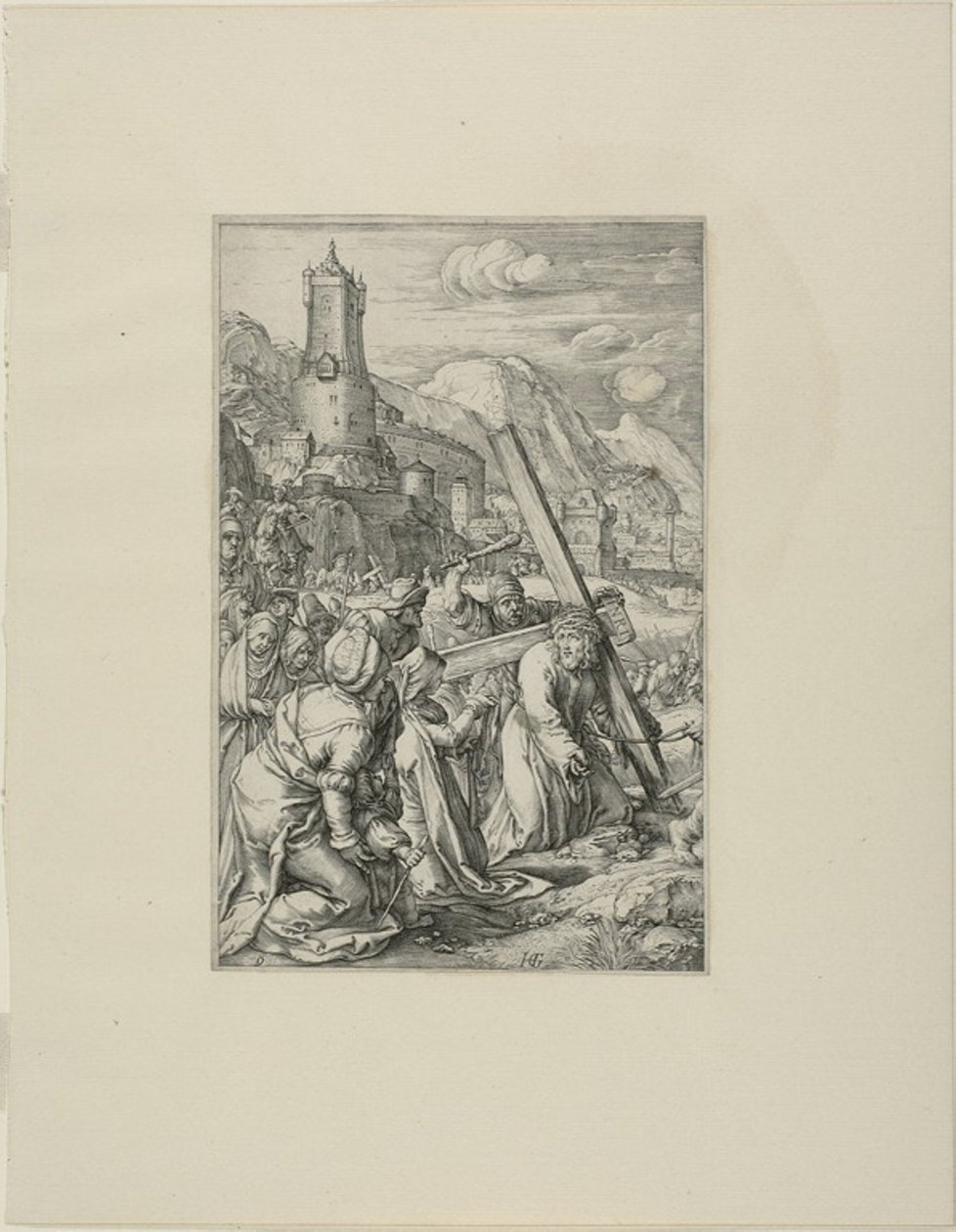 Kristus bærer korset, plade ni fra Kristi lidenskab af Hendrick Goltzius