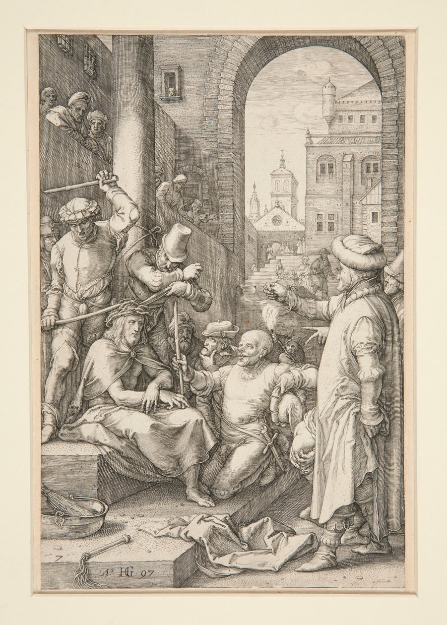 Kristus kronet med torne, fra The Passion, #7 i en serie på 12 graveringer af Hendrick Goltzius
